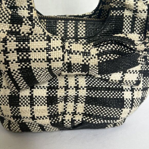 Kate Spade Small Black Cream Plaid Check Bow Plaid Purse Bag Double Handles - Picture 2 of 11